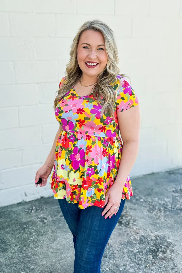 Eyes On Her Floral Tiered Babydoll Top Yellow BE Stage Rings
