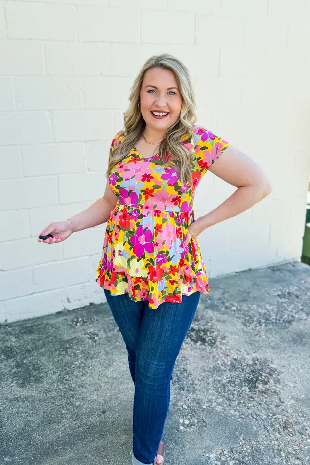 Eyes On Her Floral Tiered Babydoll Top Yellow BE Stage Rings