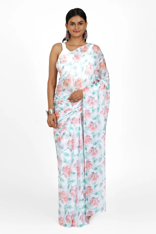 Teejh Earrings Teejh Peachy Whispers Digital Print Chiffon Saree