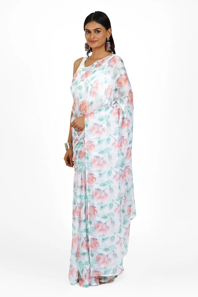 Teejh Earrings Teejh Peachy Whispers Digital Print Chiffon Saree