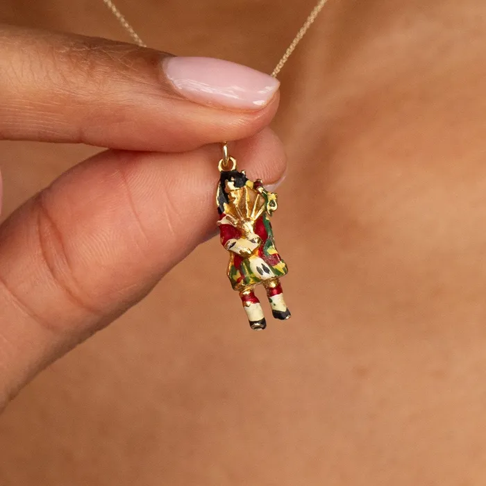 Vintage English Bagpipe Player 9k Gold and Enamel Charm Charm Necklaces