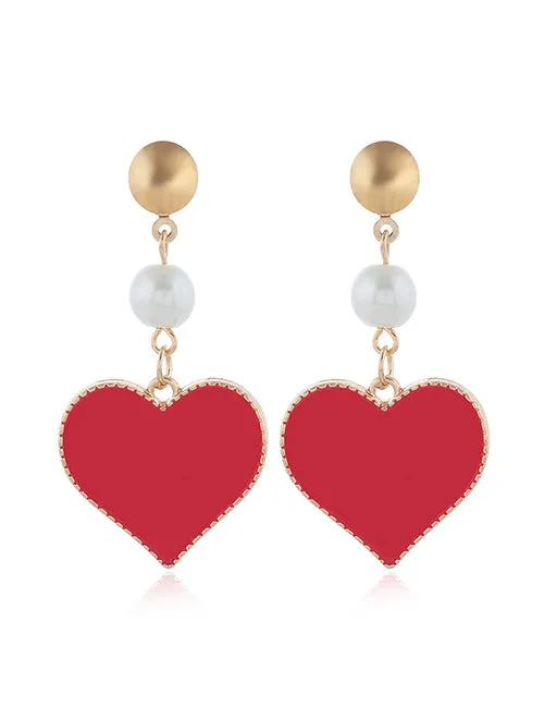 02 Earrings E1398 Gold Red Baked Enamel Heart with Pearl Earrings