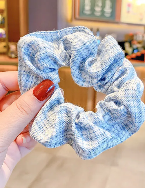 02 H582 Blue White Small Plaid Design Hair Scrunchie Rings