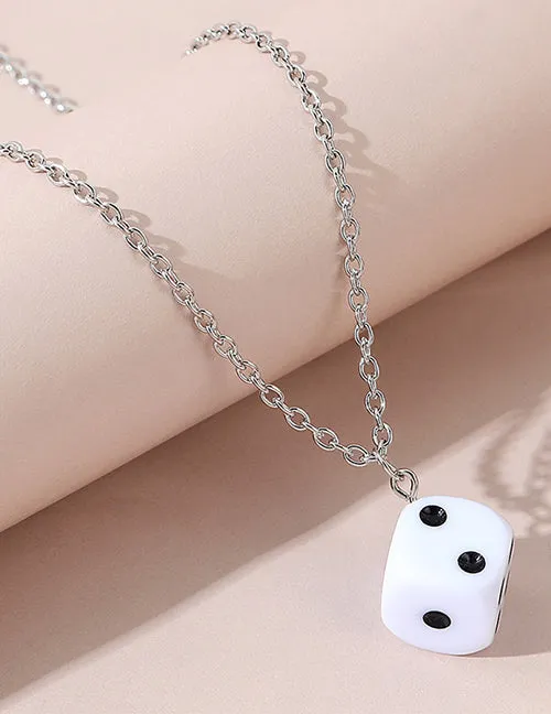 02 Necklaces N485 White 3D Dice Necklace With FREE Earrings