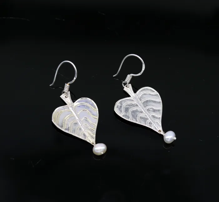 925 sterling silver handmade peepal tree leaf earring with pretty hanging pearl excellent customized hoops earring summer collection ear492 TRIBAL ORNAMENTS Earrings 925 sterling silver handmade peepal tree leaf earring with pretty hanging pearl excellent customized hoops earring summer collection ear492 TRIBAL ORNAMENTS Earrings