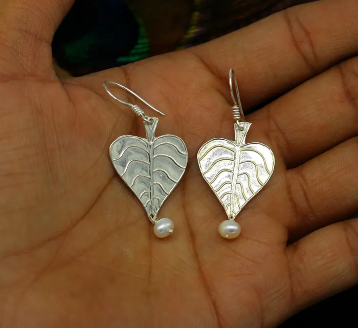925 sterling silver handmade peepal tree leaf earring with pretty hanging pearl excellent customized hoops earring summer collection ear492 TRIBAL ORNAMENTS Earrings