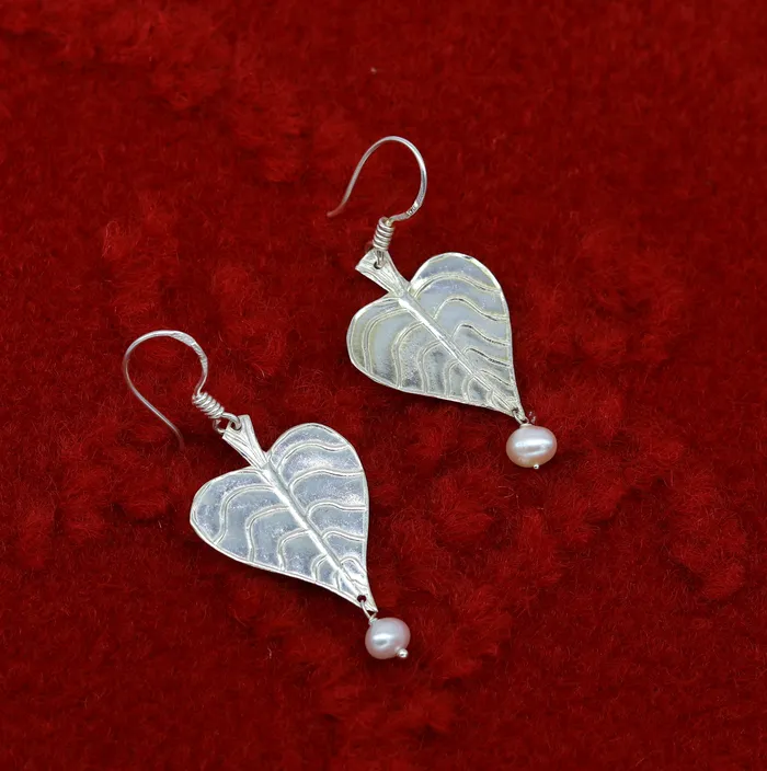 925 sterling silver handmade peepal tree leaf earring with pretty hanging pearl excellent customized hoops earring summer collection ear492 TRIBAL ORNAMENTS Earrings