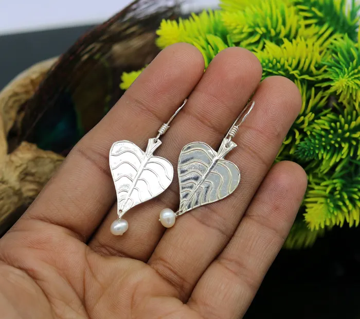925 sterling silver handmade peepal tree leaf earring with pretty hanging pearl excellent customized hoops earring summer collection ear492 TRIBAL ORNAMENTS Earrings
