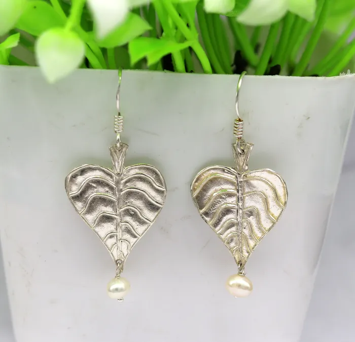 925 sterling silver handmade peepal tree leaf earring with pretty hanging pearl excellent customized hoops earring summer collection ear492 TRIBAL ORNAMENTS Earrings