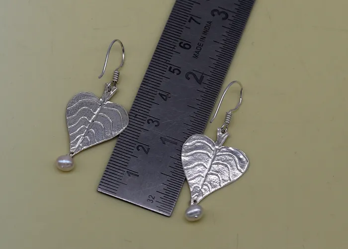 925 sterling silver handmade peepal tree leaf earring with pretty hanging pearl excellent customized hoops earring summer collection ear492 TRIBAL ORNAMENTS Earrings