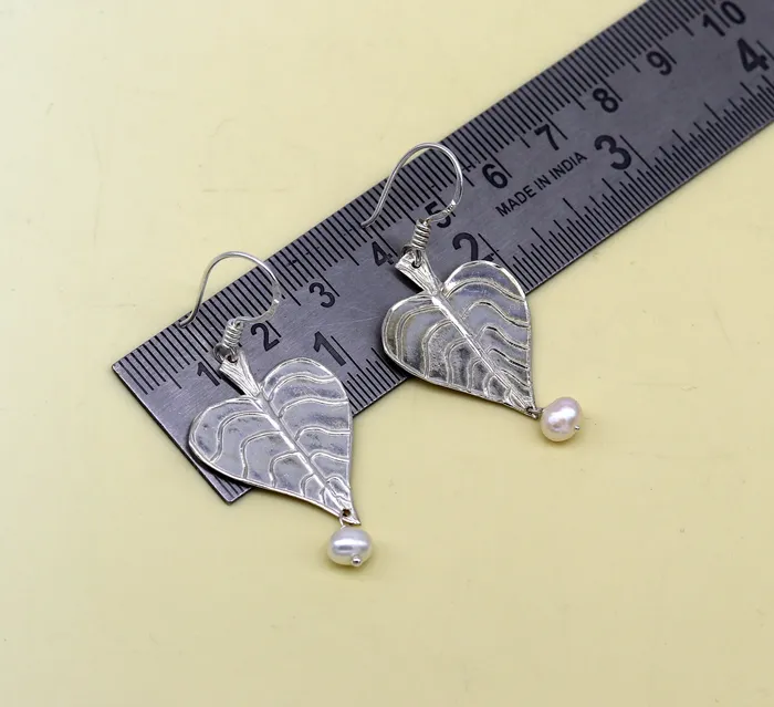 925 sterling silver handmade peepal tree leaf earring with pretty hanging pearl excellent customized hoops earring summer collection ear492 TRIBAL ORNAMENTS Earrings