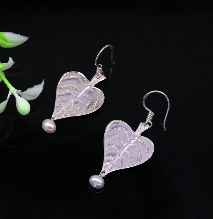 925 sterling silver handmade peepal tree leaf earring with pretty hanging pearl excellent customized hoops earring summer collection ear492 TRIBAL ORNAMENTS Earrings