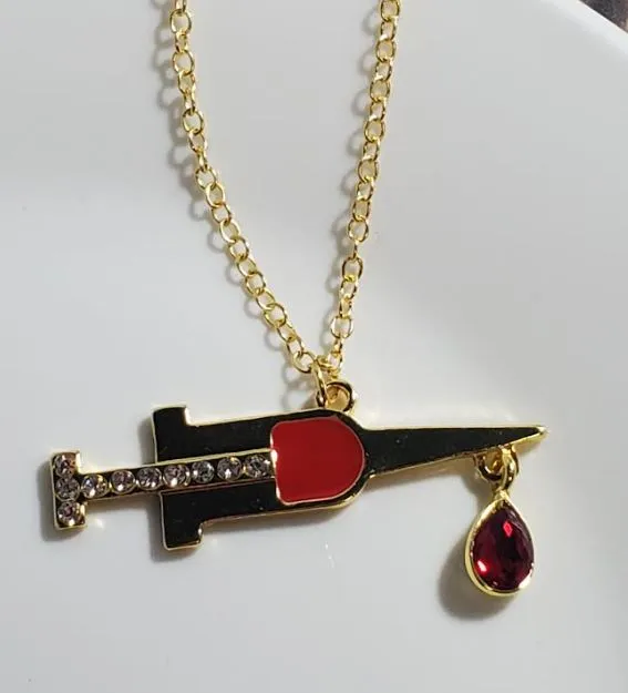 alice Necklaces AZ10 Gold Rhinestone Nurse Syringe Red Gem Necklace with Free Earrings alice Necklaces AZ10 Gold Rhinestone Nurse Syringe Red Gem Necklace with Free Earrings