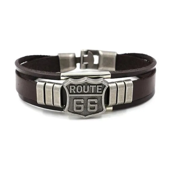 B575 Brown Leather Route 66 Bracelet 01 Bracelets