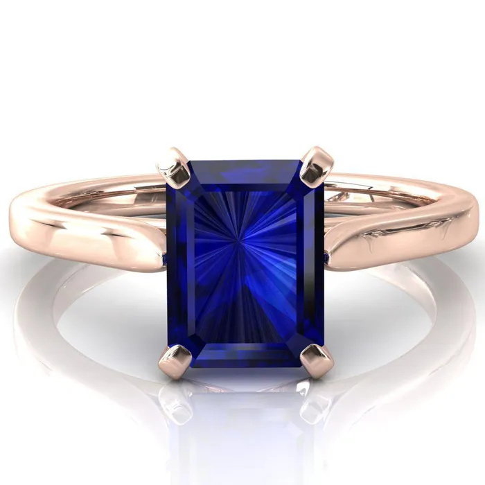 Darci Emerald Blue Sapphire 4 Prong Cathedral Solitaire Engagement Ring Fire Brilliance Rings
