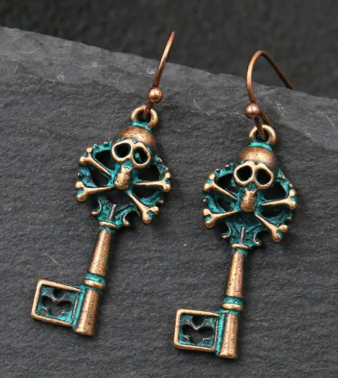 E1178 Bronze Distressed Skull Crossbones Key Earrings POLLY Earrings