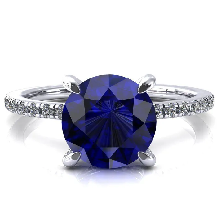 Ezili Round Blue Sapphire 4 Claw Prong Micro Pave Diamond Sides Engagement Ring Fire Brilliance Rings Ezili Round Blue Sapphire 4 Claw Prong Micro Pave Diamond Sides Engagement Ring Fire Brilliance Rings