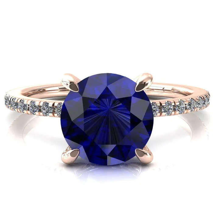 Ezili Round Blue Sapphire 4 Claw Prong Micro Pave Diamond Sides Engagement Ring Fire Brilliance Rings