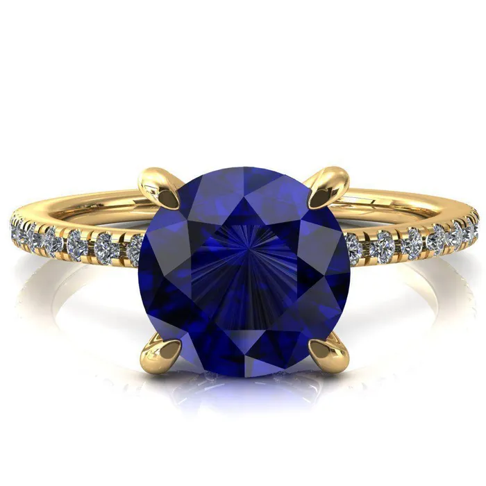 Ezili Round Blue Sapphire 4 Claw Prong Micro Pave Diamond Sides Engagement Ring Fire Brilliance Rings