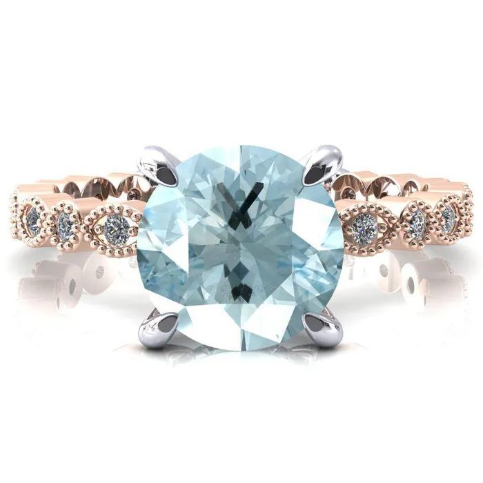Fire Brilliance Lizette Round Aqua Blue Spinel 4 Claw Prong 34 Eternity Milgrain Diamond Shank Engagement Ring Rings Fire Brilliance Lizette Round Aqua Blue Spinel 4 Claw Prong 34 Eternity Milgrain Diamond Shank Engagement Ring Rings