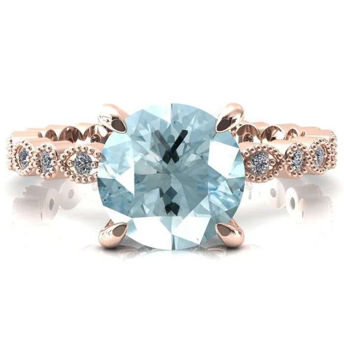 Fire Brilliance Lizette Round Aqua Blue Spinel 4 Claw Prong 34 Eternity Milgrain Diamond Shank Engagement Ring Rings