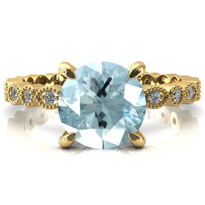 Fire Brilliance Lizette Round Aqua Blue Spinel 4 Claw Prong 34 Eternity Milgrain Diamond Shank Engagement Ring Rings