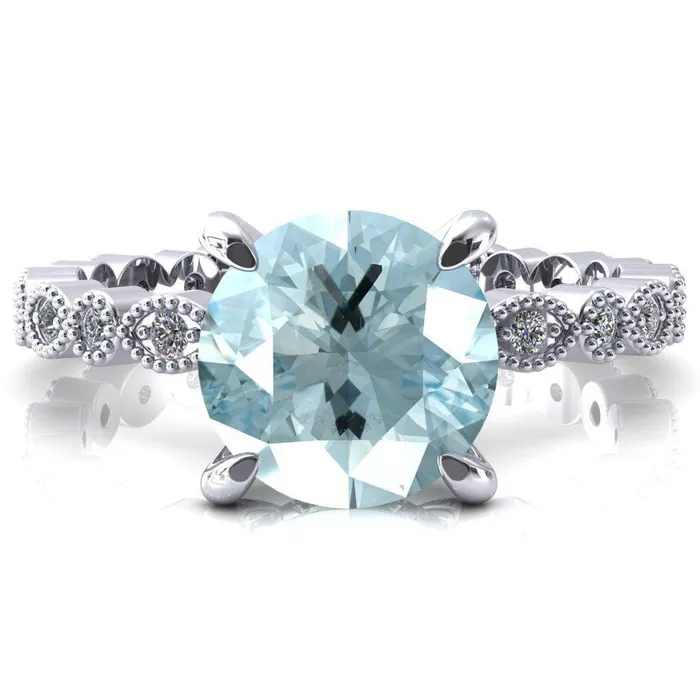 Fire Brilliance Lizette Round Aqua Blue Spinel 4 Claw Prong 34 Eternity Milgrain Diamond Shank Engagement Ring Rings