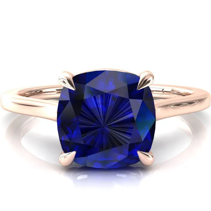 Fire Brilliance Rings Lizzy Cushion Blue Sapphire 4 Claw Prong Cathedral Engagement Ring