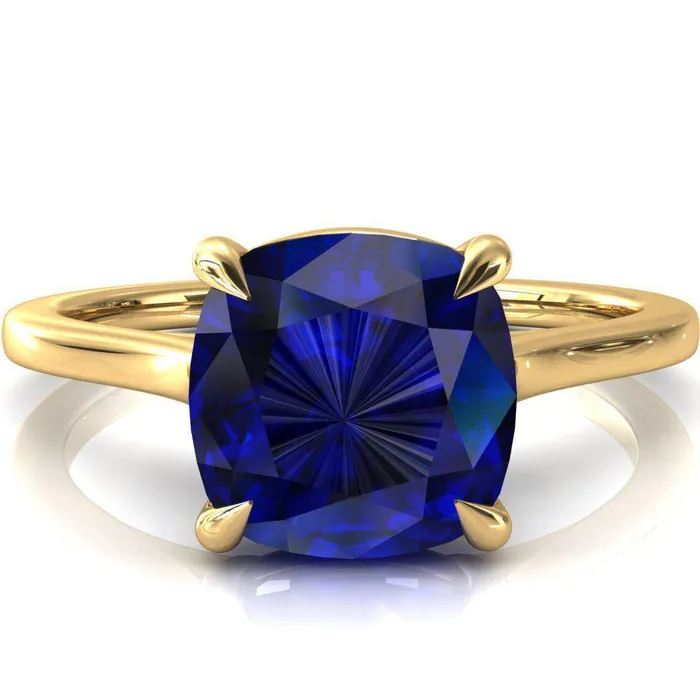 Fire Brilliance Rings Lizzy Cushion Blue Sapphire 4 Claw Prong Cathedral Engagement Ring
