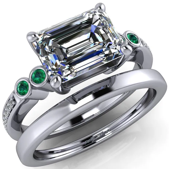 Fire Brilliance Rings Philippa Emerald Moissanite 4 Emerald Sides 4 Prong Under Bezel Multi Stone Engagement Ring