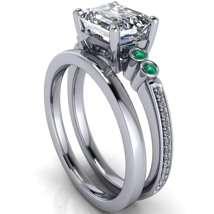 Fire Brilliance Rings Philippa Emerald Moissanite 4 Emerald Sides 4 Prong Under Bezel Multi Stone Engagement Ring