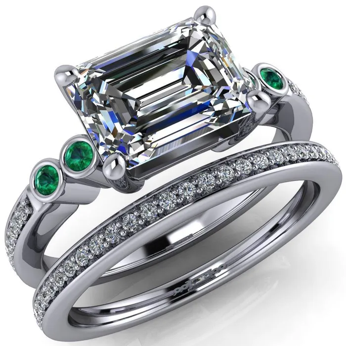Fire Brilliance Rings Philippa Emerald Moissanite 4 Emerald Sides 4 Prong Under Bezel Multi Stone Engagement Ring
