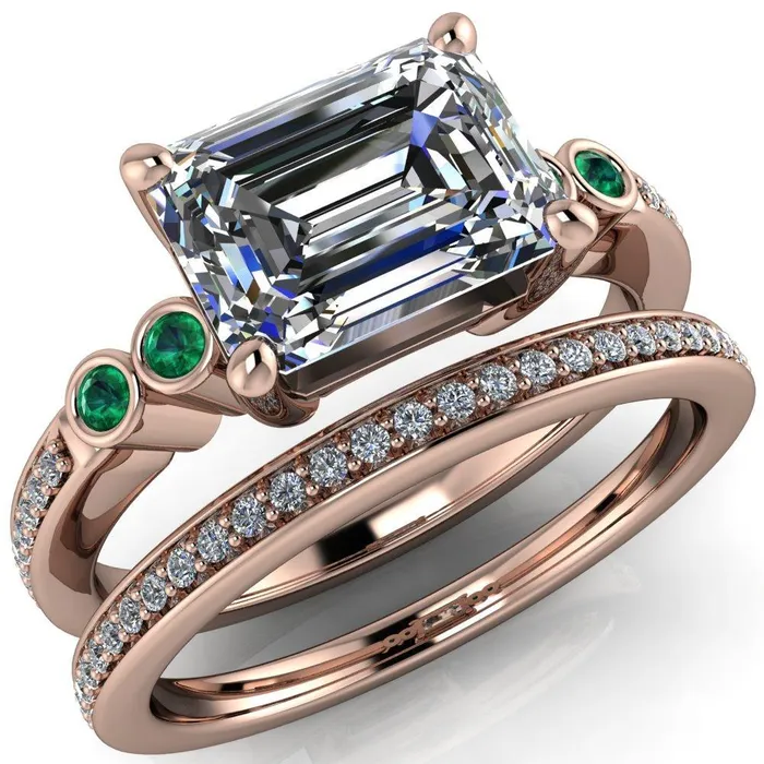 Fire Brilliance Rings Philippa Emerald Moissanite 4 Emerald Sides 4 Prong Under Bezel Multi Stone Engagement Ring