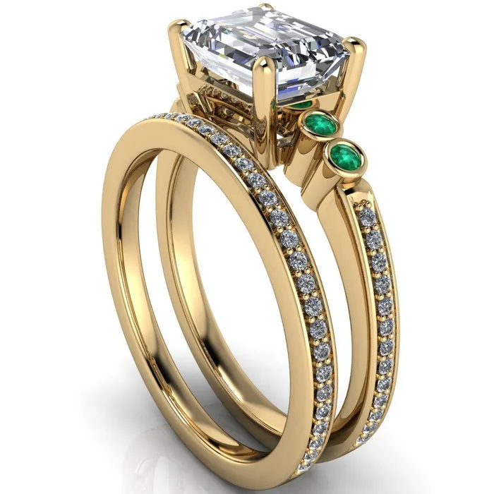 Fire Brilliance Rings Philippa Emerald Moissanite 4 Emerald Sides 4 Prong Under Bezel Multi Stone Engagement Ring