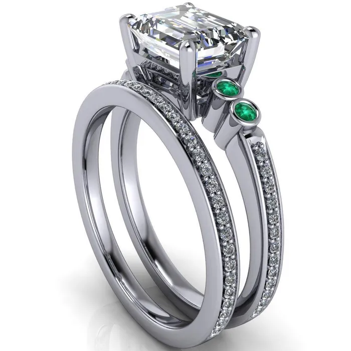 Fire Brilliance Rings Philippa Emerald Moissanite 4 Emerald Sides 4 Prong Under Bezel Multi Stone Engagement Ring