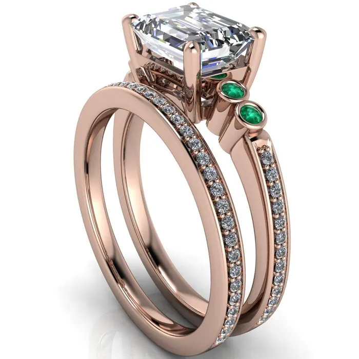 Fire Brilliance Rings Philippa Emerald Moissanite 4 Emerald Sides 4 Prong Under Bezel Multi Stone Engagement Ring