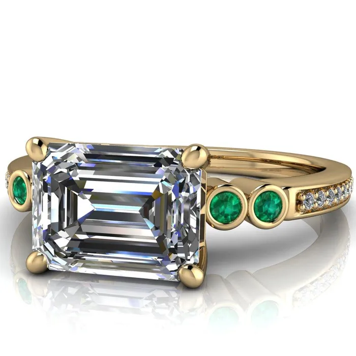Fire Brilliance Rings Philippa Emerald Moissanite 4 Emerald Sides 4 Prong Under Bezel Multi Stone Engagement Ring