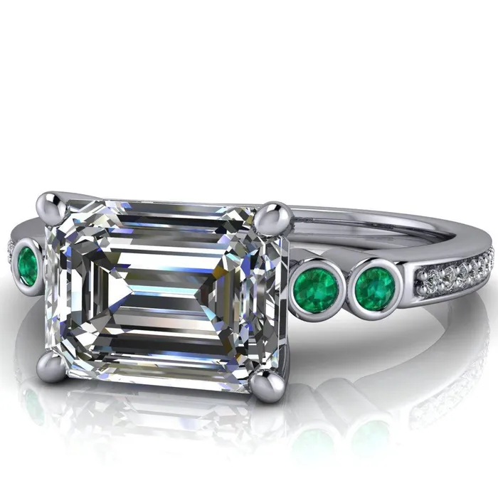 Fire Brilliance Rings Philippa Emerald Moissanite 4 Emerald Sides 4 Prong Under Bezel Multi Stone Engagement Ring