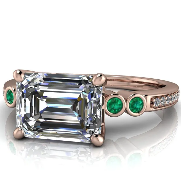 Fire Brilliance Rings Philippa Emerald Moissanite 4 Emerald Sides 4 Prong Under Bezel Multi Stone Engagement Ring