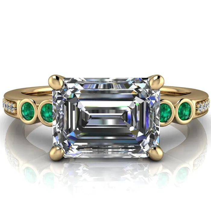 Fire Brilliance Rings Philippa Emerald Moissanite 4 Emerald Sides 4 Prong Under Bezel Multi Stone Engagement Ring
