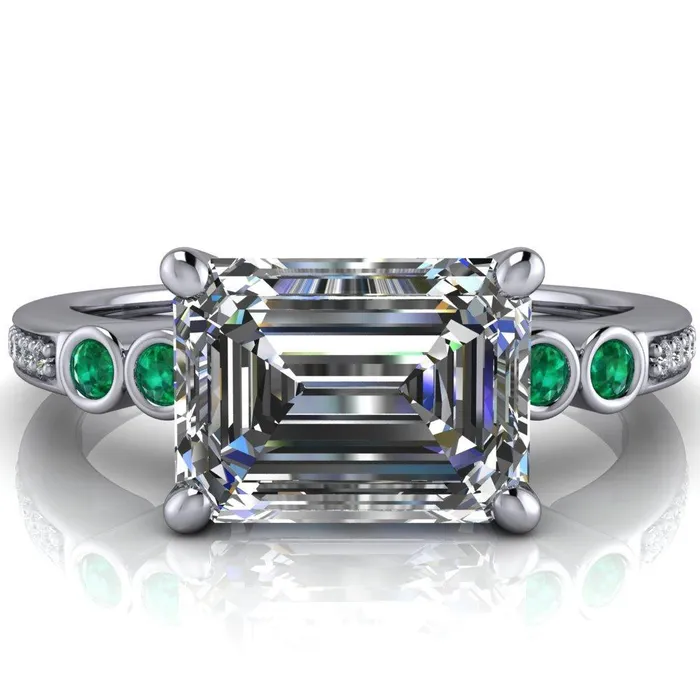 Fire Brilliance Rings Philippa Emerald Moissanite 4 Emerald Sides 4 Prong Under Bezel Multi Stone Engagement Ring