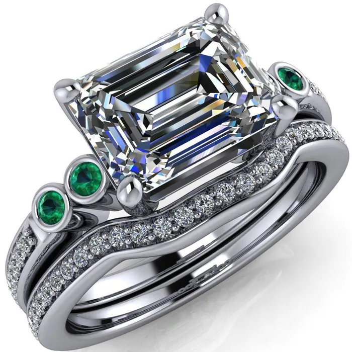Fire Brilliance Rings Philippa Emerald Moissanite 4 Emerald Sides 4 Prong Under Bezel Multi Stone Engagement Ring