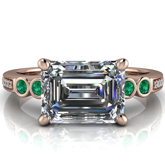 Fire Brilliance Rings Philippa Emerald Moissanite 4 Emerald Sides 4 Prong Under Bezel Multi Stone Engagement Ring