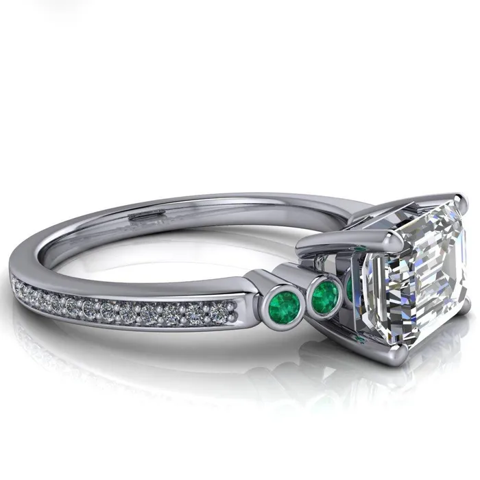 Fire Brilliance Rings Philippa Emerald Moissanite 4 Emerald Sides 4 Prong Under Bezel Multi Stone Engagement Ring