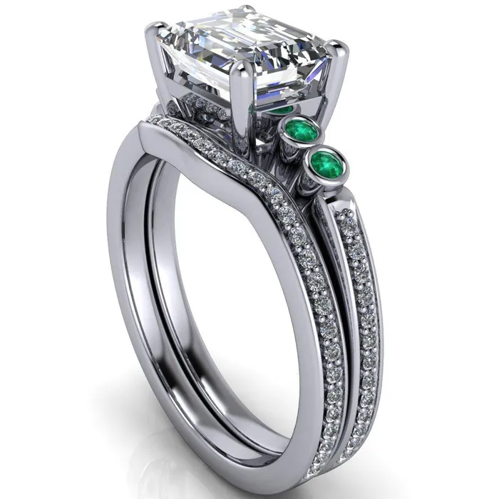 Fire Brilliance Rings Philippa Emerald Moissanite 4 Emerald Sides 4 Prong Under Bezel Multi Stone Engagement Ring