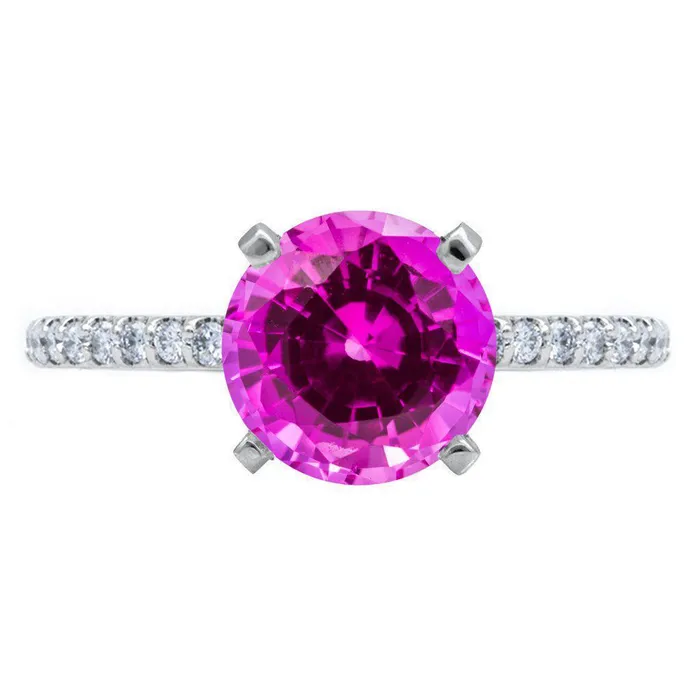 Fire Brilliance Round Pink Sapphire 4 Prongs Diamond Accent Ice Solitaire Ring Rings