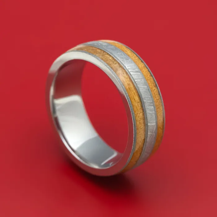 Lashbrook Titanium Ring with Gibeon Meteorite and Wood Inlays Custom Made Band Rings Lashbrook Titanium Ring with Gibeon Meteorite and Wood Inlays Custom Made Band Rings
