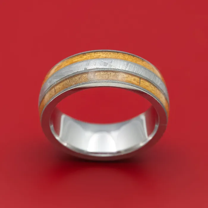 Lashbrook Titanium Ring with Gibeon Meteorite and Wood Inlays Custom Made Band Rings Lashbrook Titanium Ring with Gibeon Meteorite and Wood Inlays Custom Made Band Rings