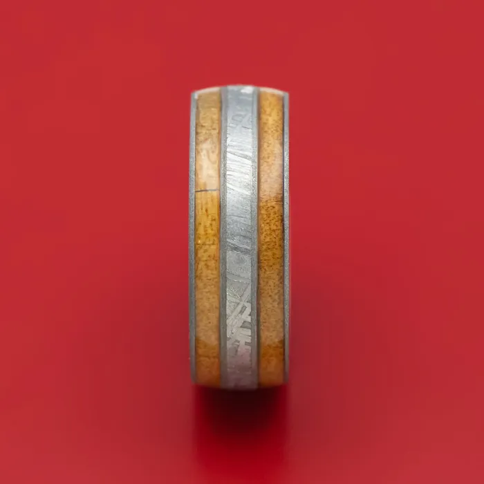 Lashbrook Titanium Ring with Gibeon Meteorite and Wood Inlays Custom Made Band Rings Lashbrook Titanium Ring with Gibeon Meteorite and Wood Inlays Custom Made Band Rings