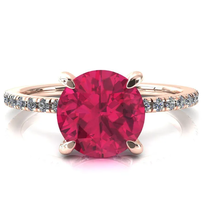 Mayeli Round Ruby 4 Claw Prong Micro Pave Diamond Sides Engagement Ring Fire Brilliance Rings
